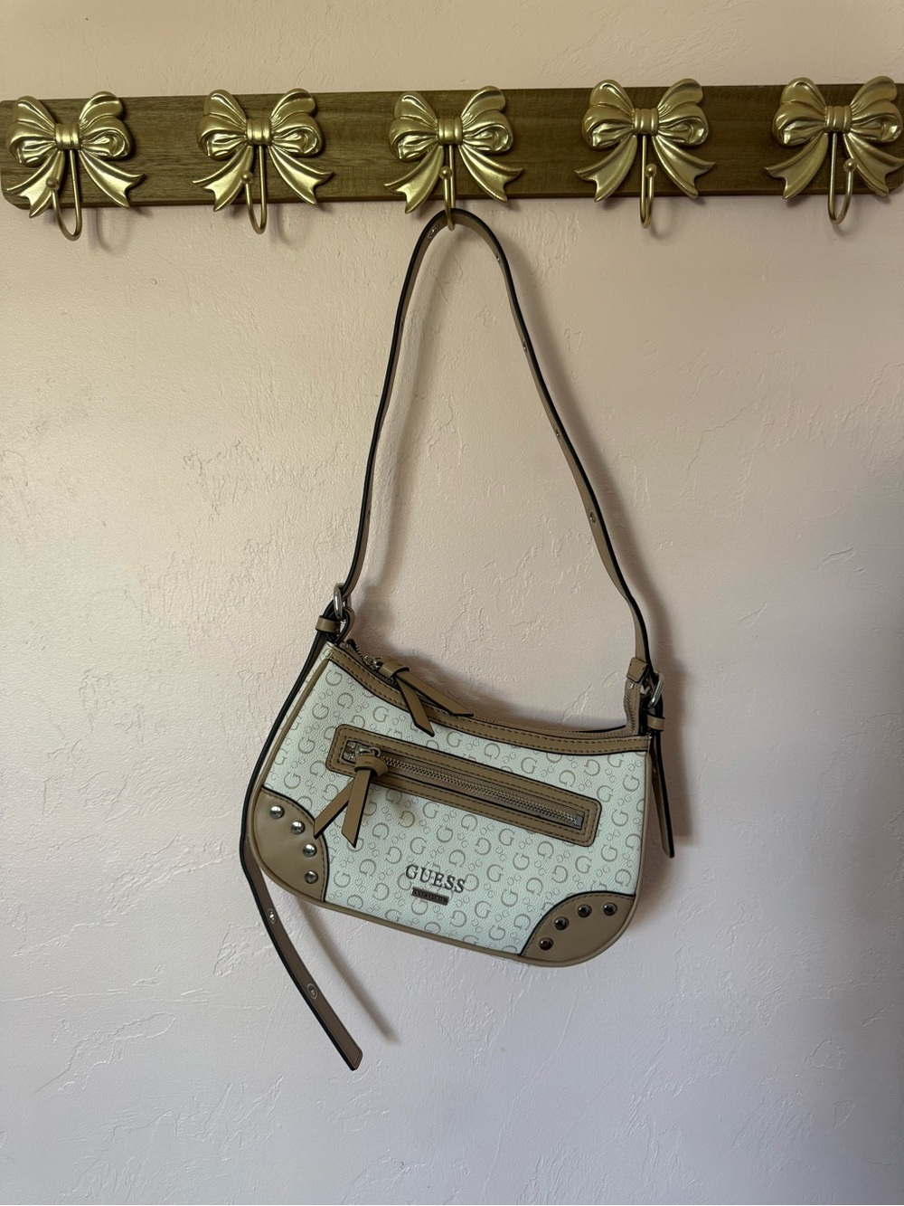 Y2K style GUESS Beige and Cream Signature Hobo Shoulder Bag